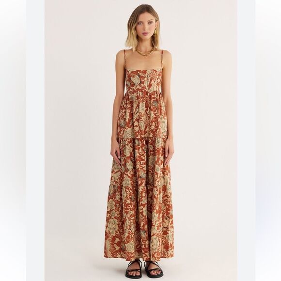 NWT Rumer Neve maxi dress brown print summer peasant boho Revolve M - Picture 1 of 14